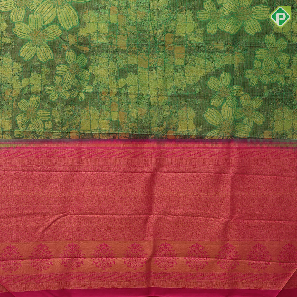 Emarald green gold zari botanical flowers tissue weaving design borderless art effect tissue silk saree