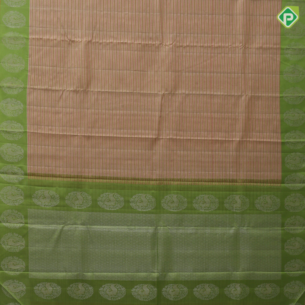 cream colour shades with silver gold zari thread work lines contrast leaf green silver gold zari fancy annam butta border traditional silk saree