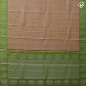 cream colour shades with silver gold zari thread work lines contrast leaf green silver gold zari fancy annam butta border traditional silk saree