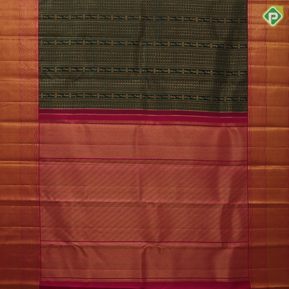 Bottle Green Gold Zari Floral Brocade Design Dark Pink Ruthracham Bavanji Border Design Wedding Silk Saree
