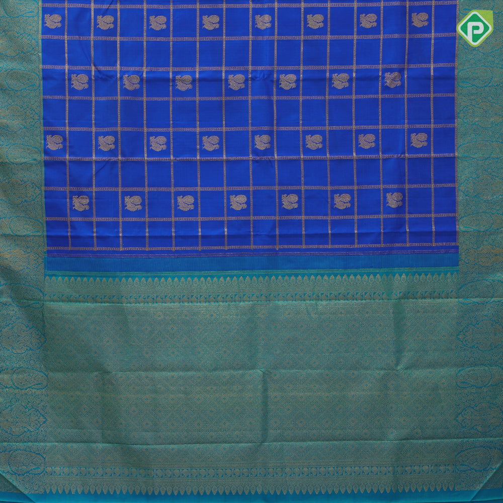 Royal blue gold zari peacock butta window panel kattam peacock green gold zari banaras style border Navratri special silk saree