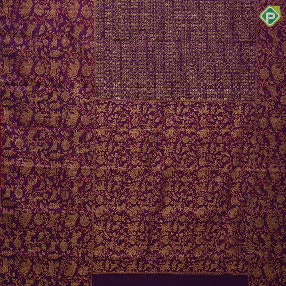 Purple base gold zari brocade body design self gold zari Vanasingaram meena work design border wedding silk saree