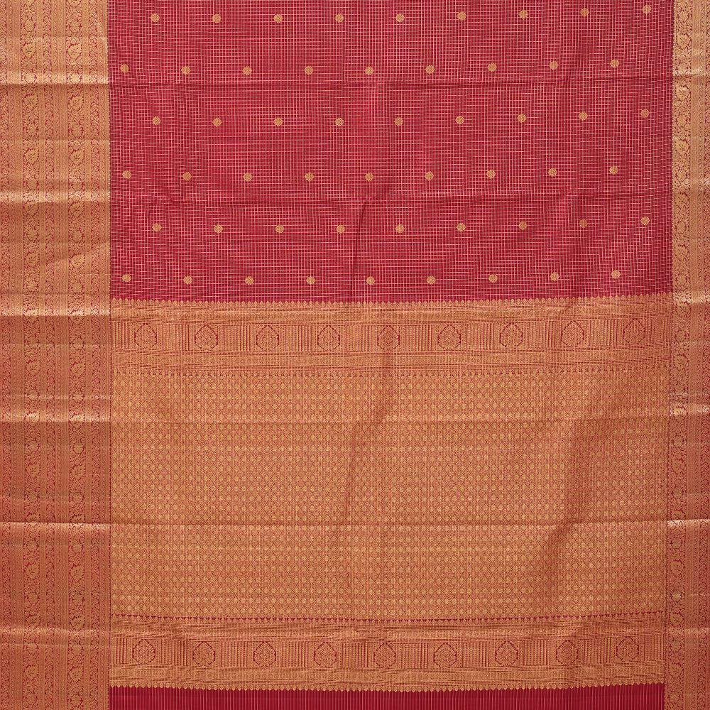 maroon gold zari vairaoosi checks butta design self gold zari grand creeper lines border gift silk saree