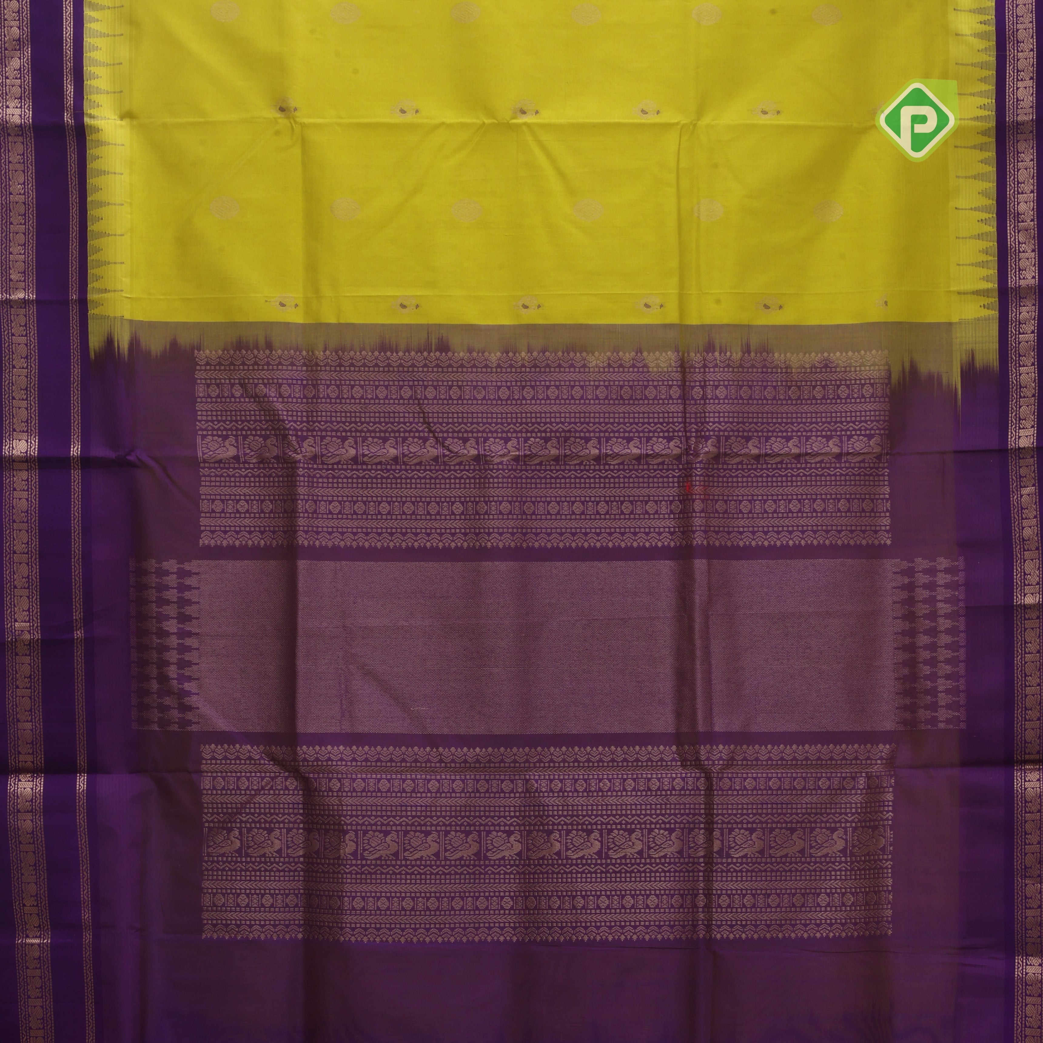 Lemon green with zari butta meena work purple gold zari border kuppadam silk cotton saree