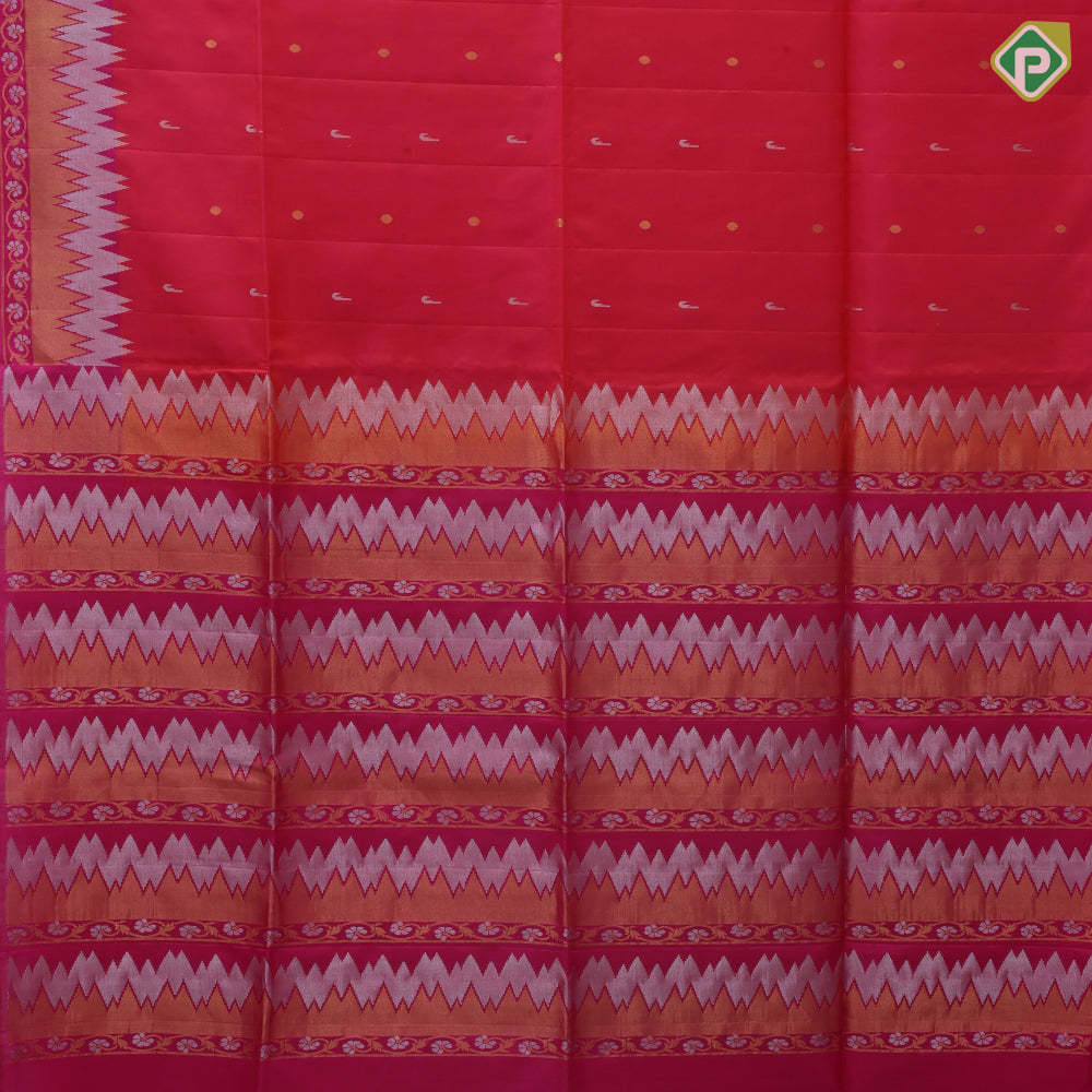 reddish pink hocky stick and ball design rani pink silver gold zari wave and rangoli border soft silk saree