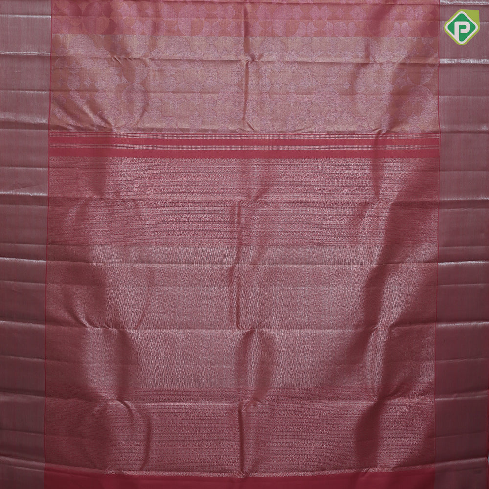 Peach pink base silver zari bubble tissue weaved self silver zari bavanji border trendy designer silk saree