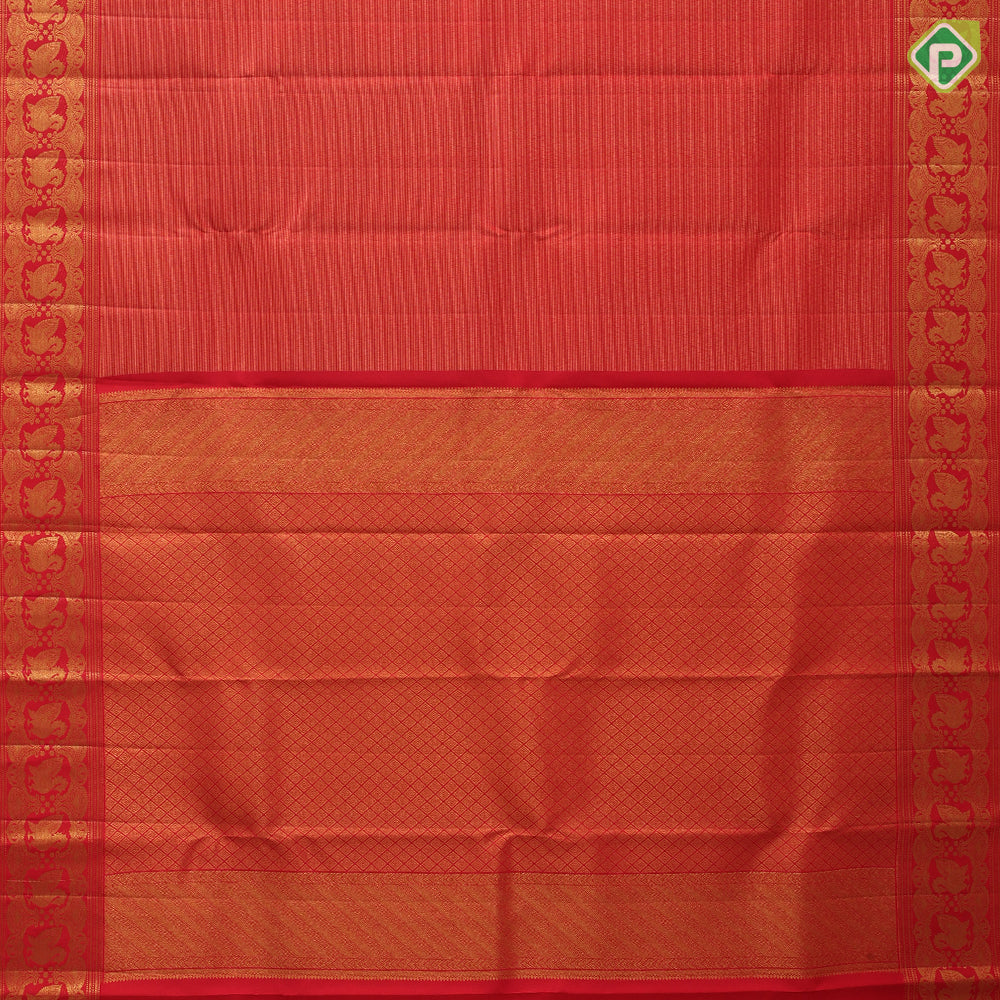 Brick red gold zari vairaoosi lines self gold zari annam butta arch border traditional silk saree