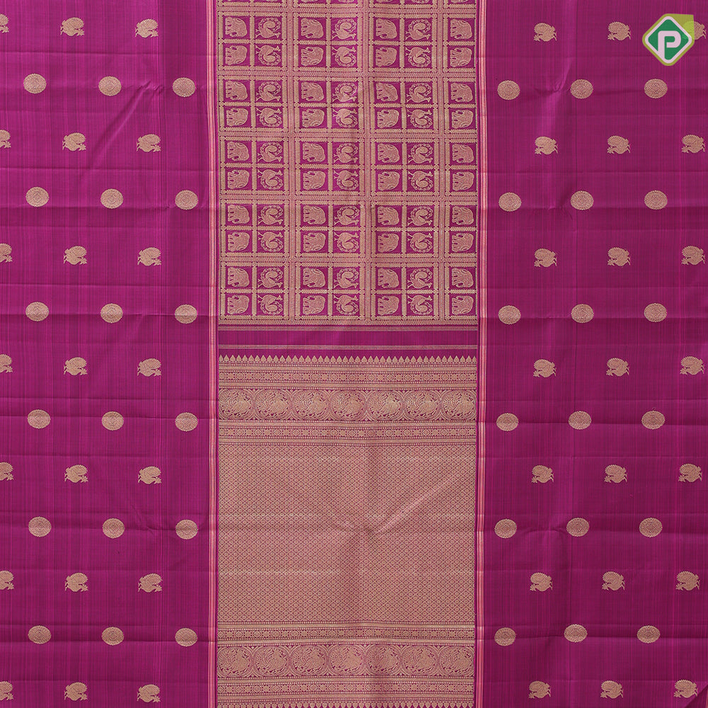 Purple gold zari elephant peacock butta checks self peacock chakkaram butta high border signature silk saree