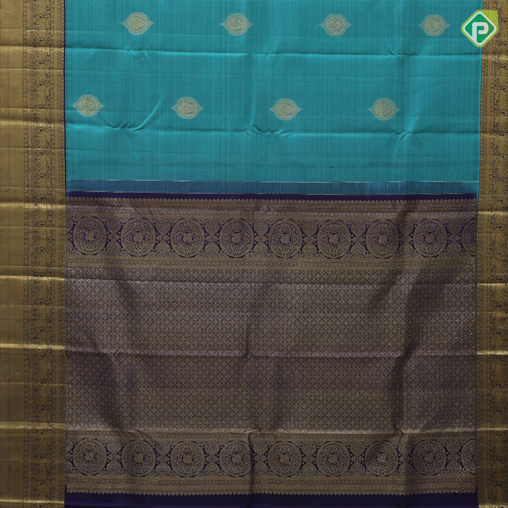 Teal green silver and gold zari double parrot round butta purple blue gold zari yaali butta border traditional silk saree