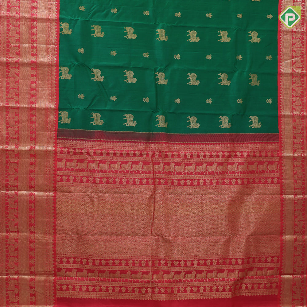 Green with gold zari cow and lotus butta design reddish pink silver gold zari cow and lotus lines border traditional silk saree