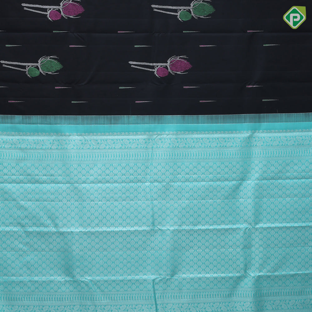 Black Colour Silver Zari Peacock Feather Butta Design Border Less Luxury Black Silk Saree