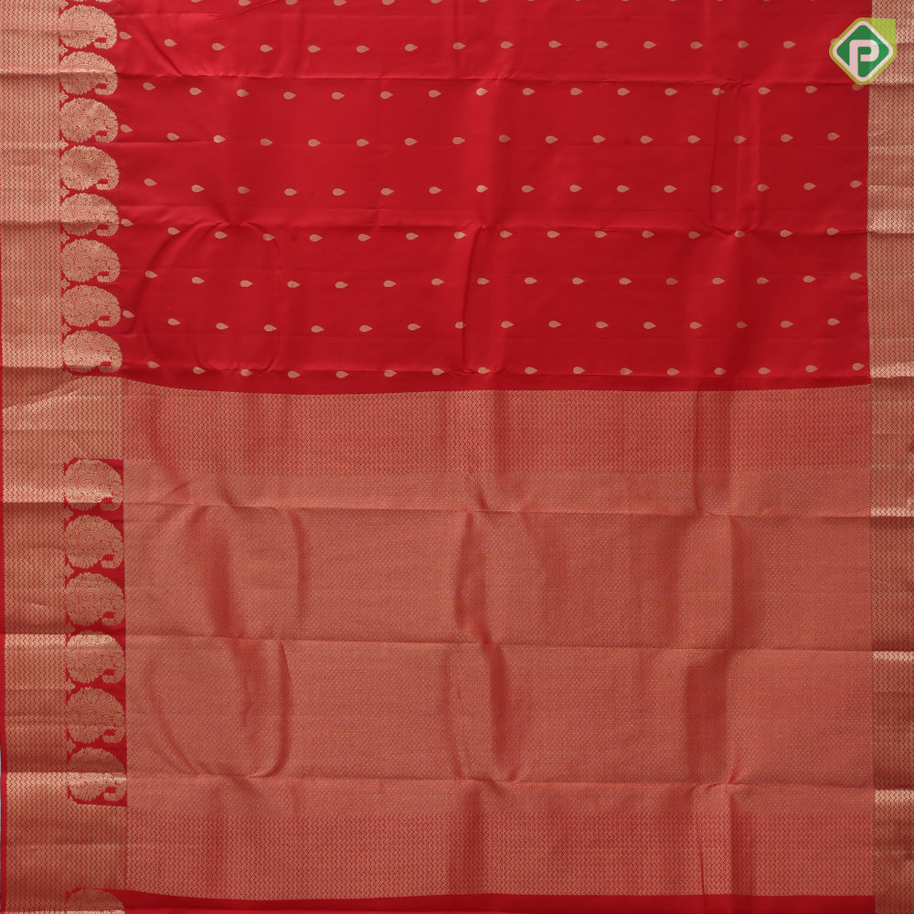 Sendoram red gold zari small thilagam butta self gold zari zig zag and mango border traditional silk saree