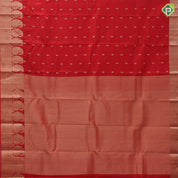 Sendoram red gold zari small thilagam butta self gold zari zig zag and mango border traditional silk saree