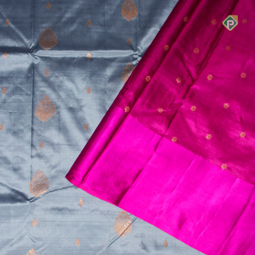 Silver Grey Two line Gold Zari Border Pure Banarasi Silk Saree
