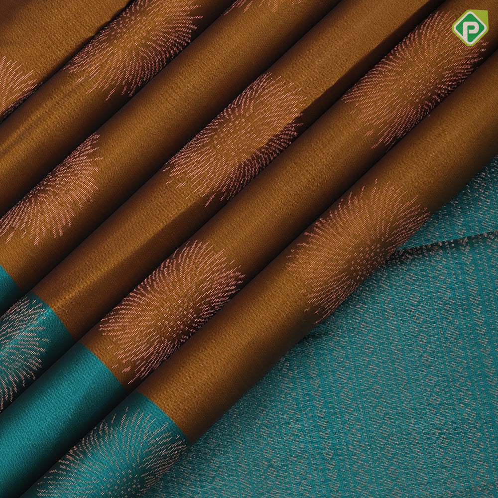Golden Olive copper zari fancy flower butta deep emerald green copper zari flower butta border pure mix silk saree