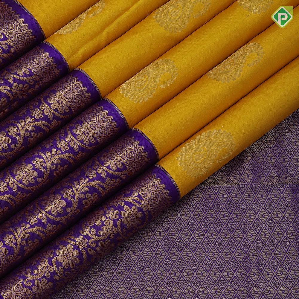 Lemon Yellow Gold Zari Mango Butta Design Violet Flower Floral Border Design Traditional Silk Saree