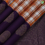 white and orange base multi madras checks design violet plain gold zari fancy butta border traditional silk saree