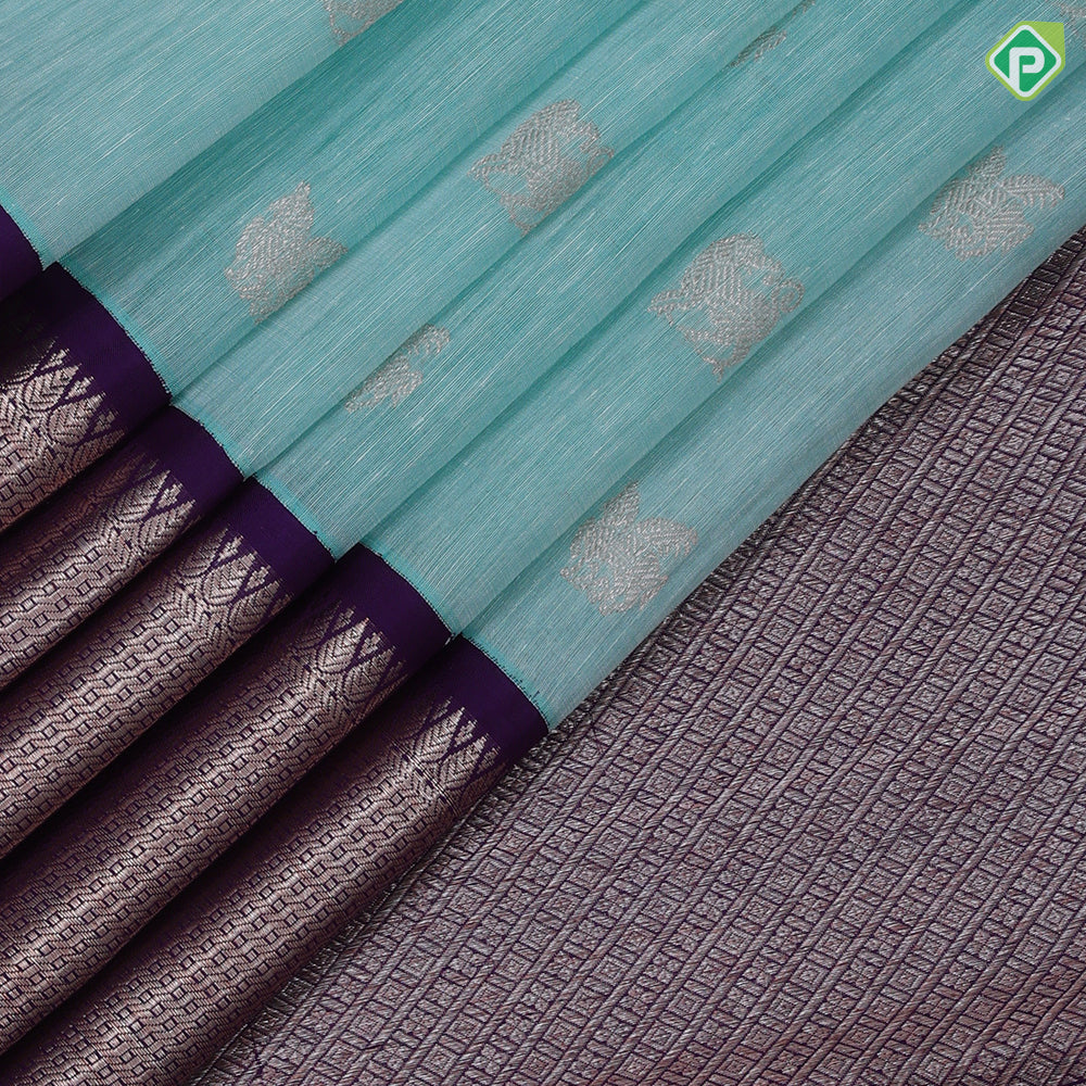 Sea green copper and silver zari gaja yaali kamadhenu butta royal blue spinning design border linen kora silk saree