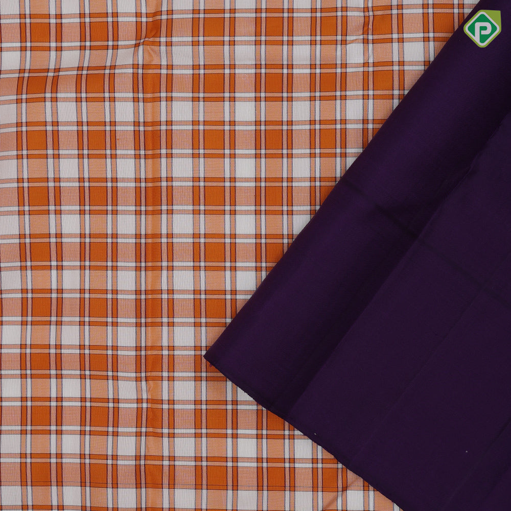white and orange base multi madras checks design violet plain gold zari fancy butta border traditional silk saree