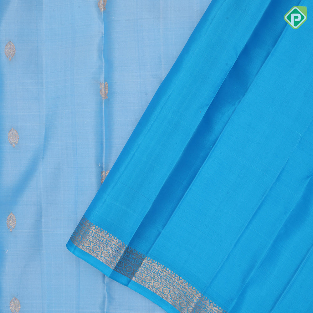 Ocean Blue Gold Zari Thilagam Peacock Butta Design Rama Blue Flower Border Design Pure Mix Silk Saree