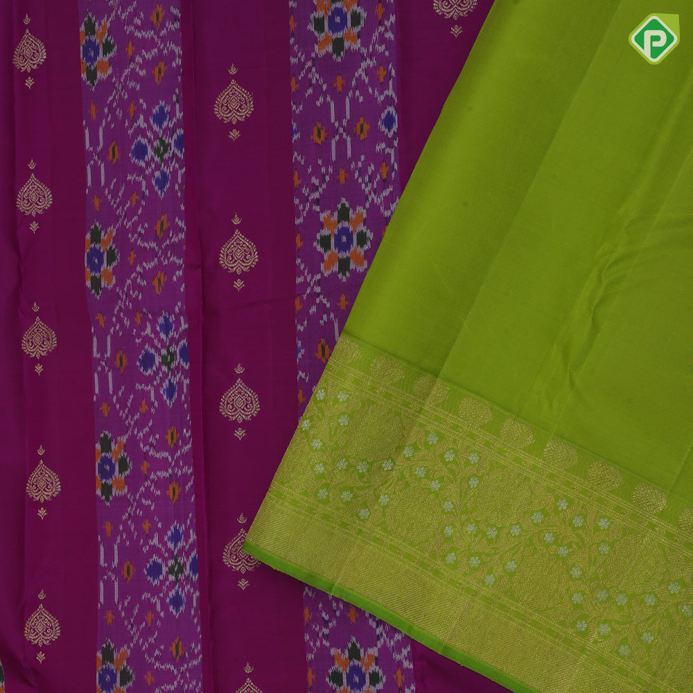 Purple base gold zari heart butta and ikkat design contrast green gold zari floral korvai border fusion silk saree