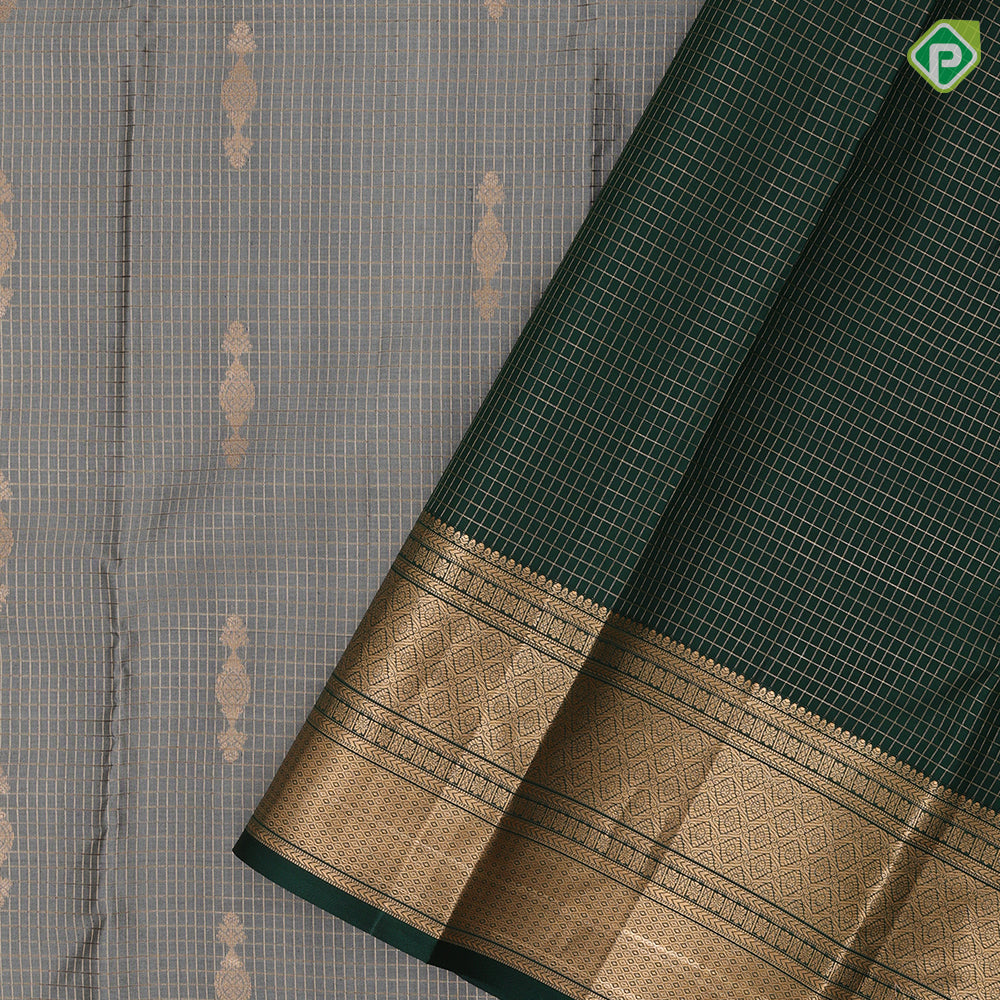 Gray Gold Zari Vairaoosi Checks Jumki Design Bottle Green Mayilkan Flower Border Design Traditional Silk Saree