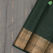 Gray Gold Zari Vairaoosi Checks Jumki Design Bottle Green Mayilkan Flower Border Design Traditional Silk Saree