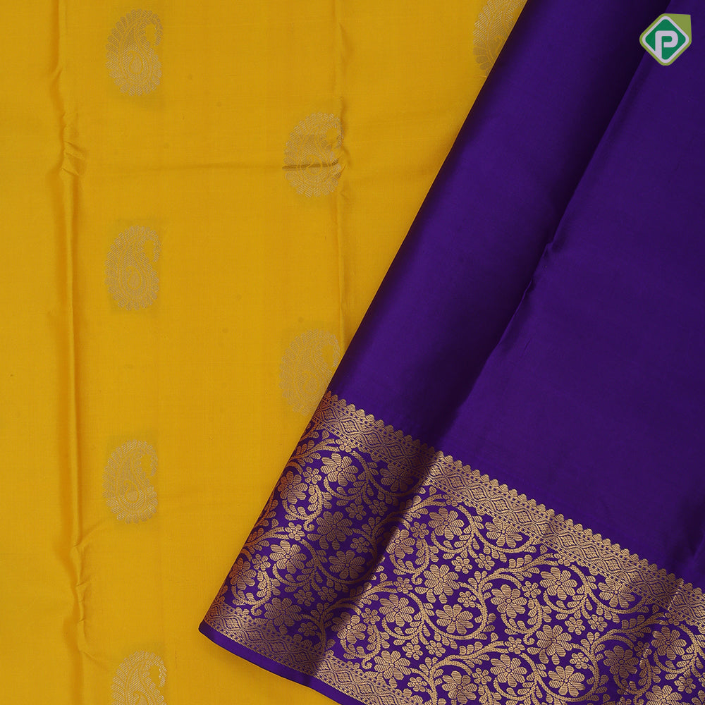 Lemon Yellow Gold Zari Mango Butta Design Violet Flower Floral Border Design Traditional Silk Saree