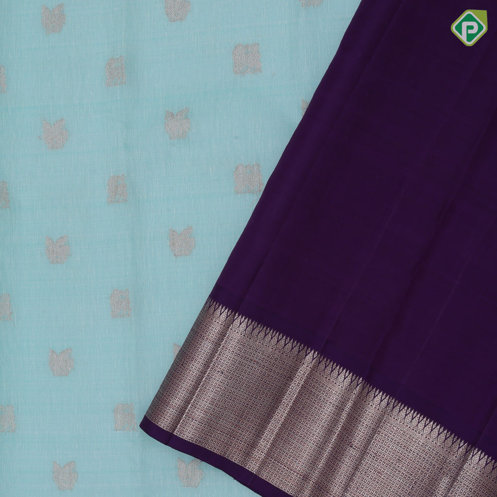Sea green copper and silver zari gaja yaali kamadhenu butta royal blue spinning design border linen kora silk saree