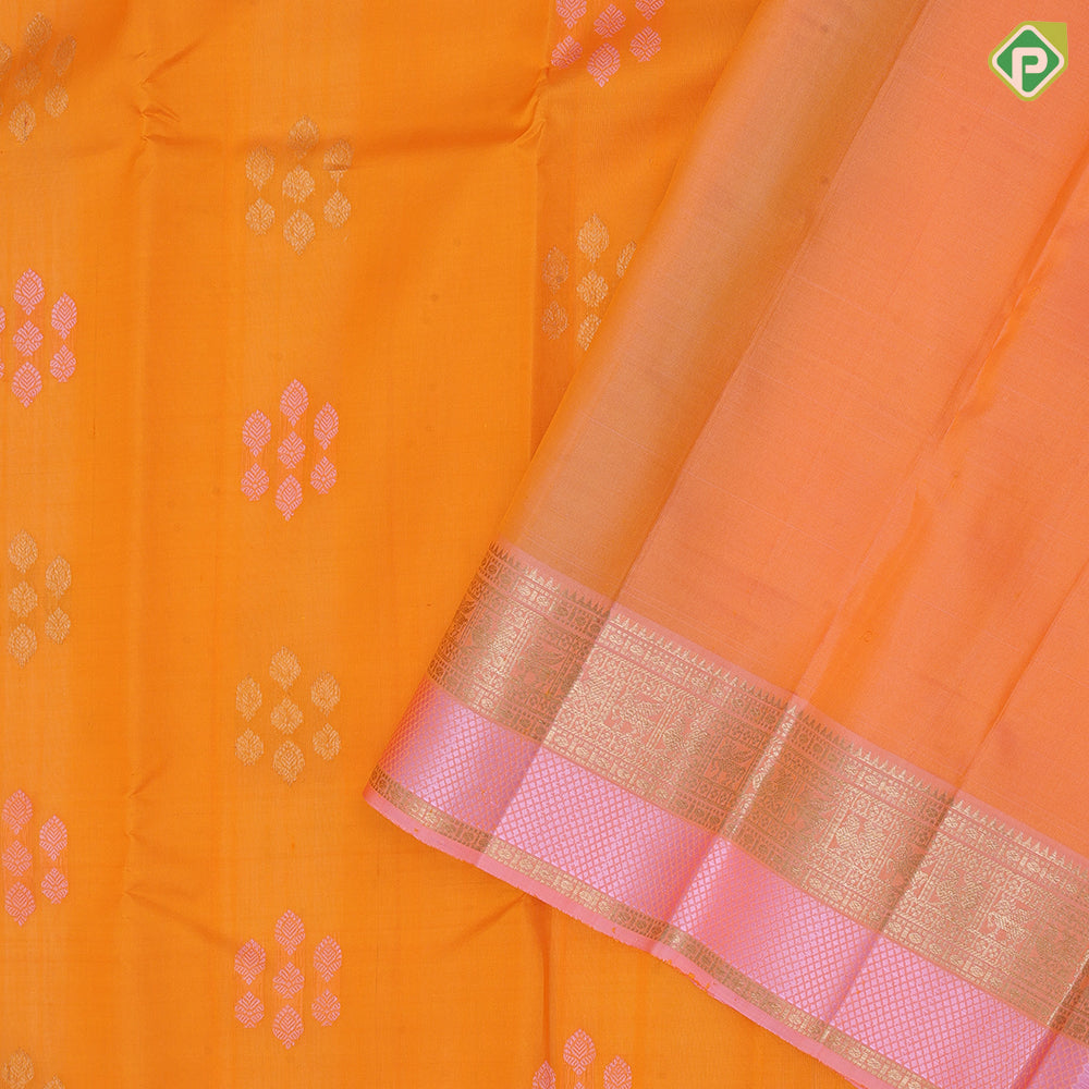 Fanta orange silver gold zari grouped butta design pale pink gold zari peacock and kamadhenu border organza silk saree