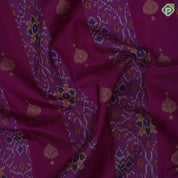 Purple base gold zari heart butta and ikkat design contrast green gold zari floral korvai border fusion silk saree