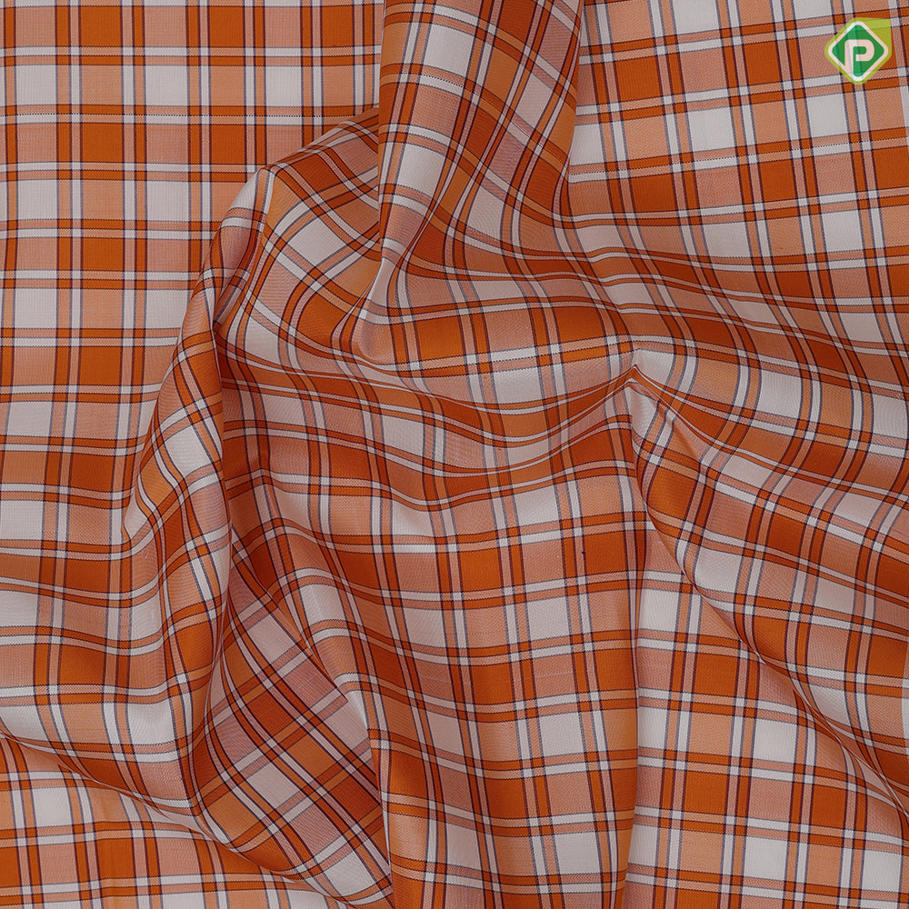 white and orange base multi madras checks design violet plain gold zari fancy butta border traditional silk saree