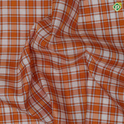 white and orange base multi madras checks design violet plain gold zari fancy butta border traditional silk saree