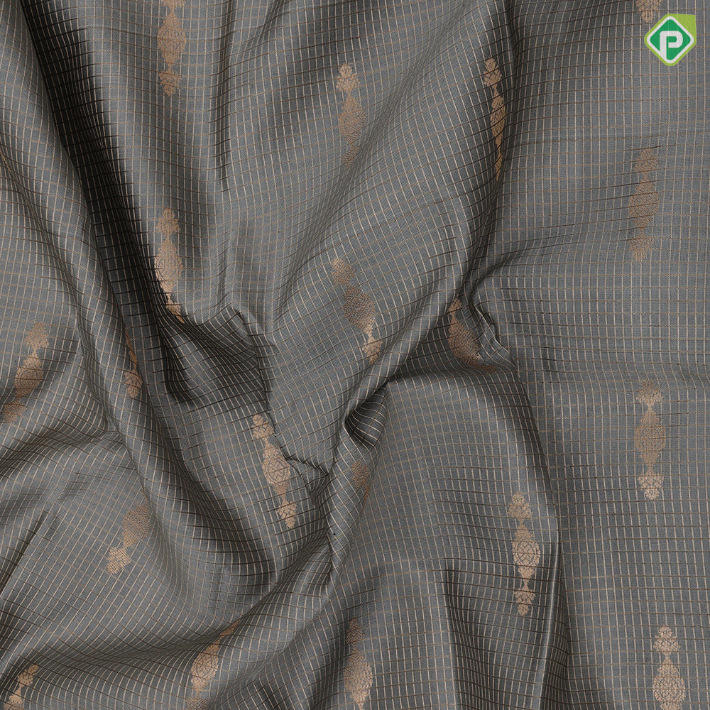 Gray Gold Zari Vairaoosi Checks Jumki Design Bottle Green Mayilkan Flower Border Design Traditional Silk Saree