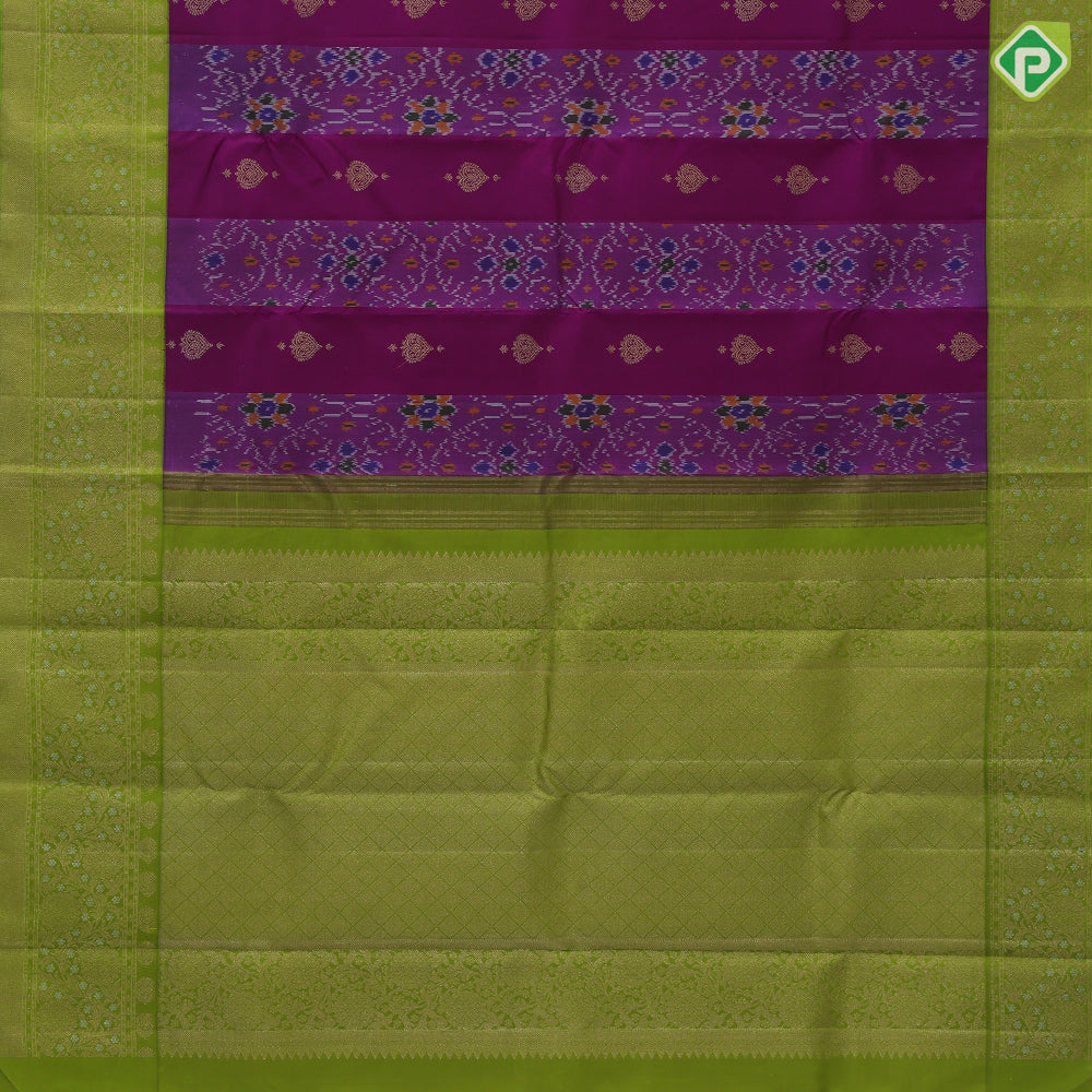 Purple base gold zari heart butta and ikkat design contrast green gold zari floral korvai border fusion silk saree