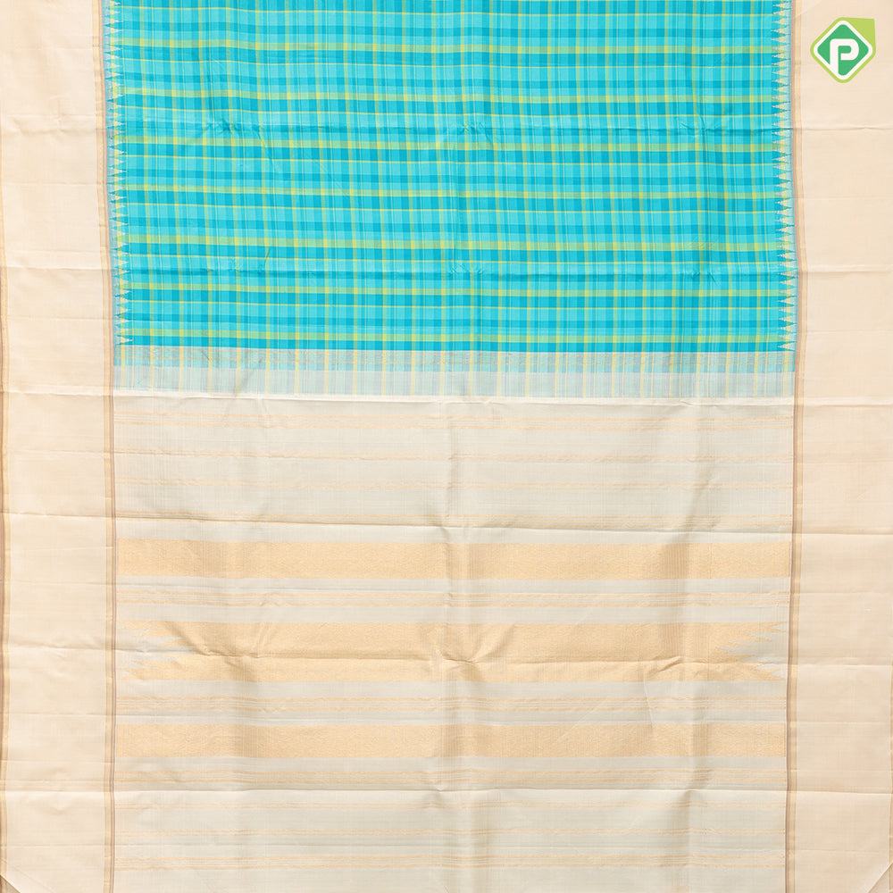 green tri colour shades classic checks design creamy sandal gold zari retta pattai border retro traditional silk saree