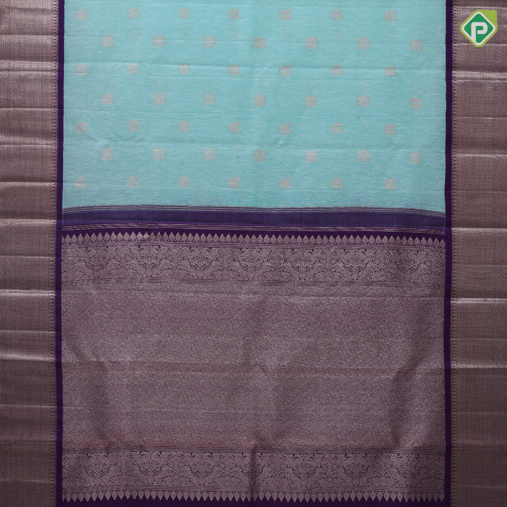 Sea green copper and silver zari gaja yaali kamadhenu butta royal blue spinning design border linen kora silk saree