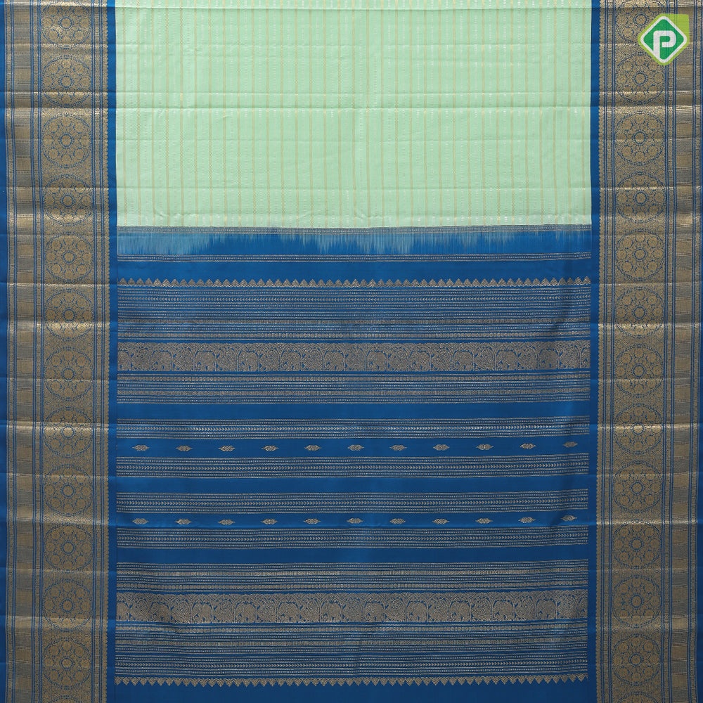 Pista green gold zari velthari lines design cobalt blue gold zari trendy floral rangoli design border fusion silk saree