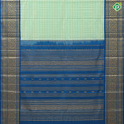 Pista green gold zari velthari lines design cobalt blue gold zari trendy floral rangoli design border fusion silk saree