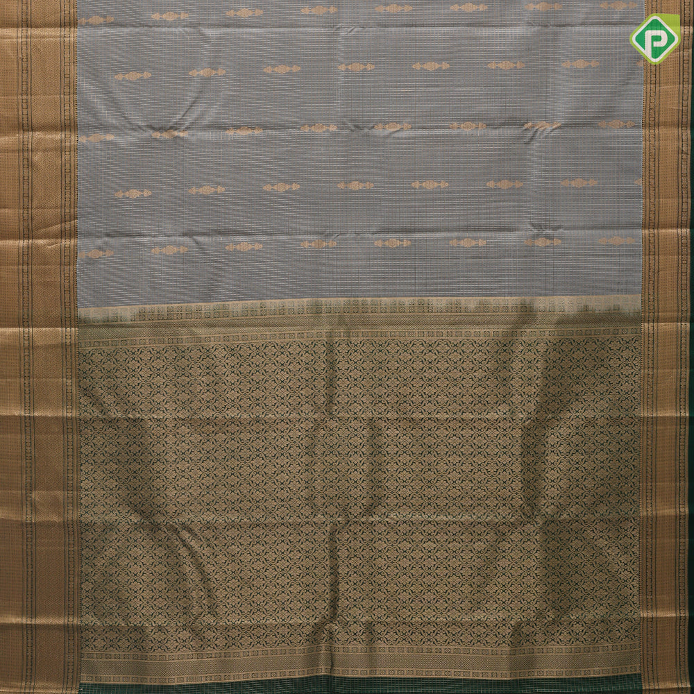 Gray Gold Zari Vairaoosi Checks Jumki Design Bottle Green Mayilkan Flower Border Design Traditional Silk Saree