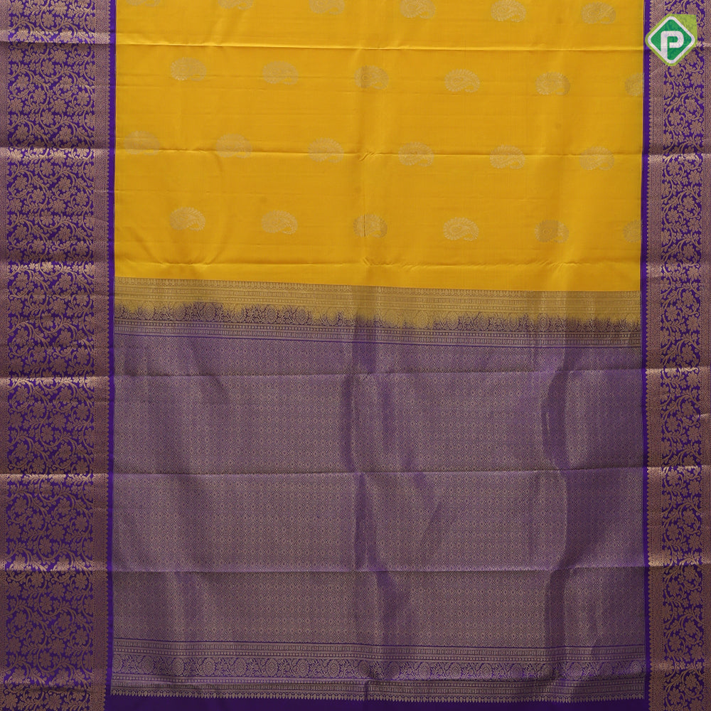 Lemon Yellow Gold Zari Mango Butta Design Violet Flower Floral Border Design Traditional Silk Saree