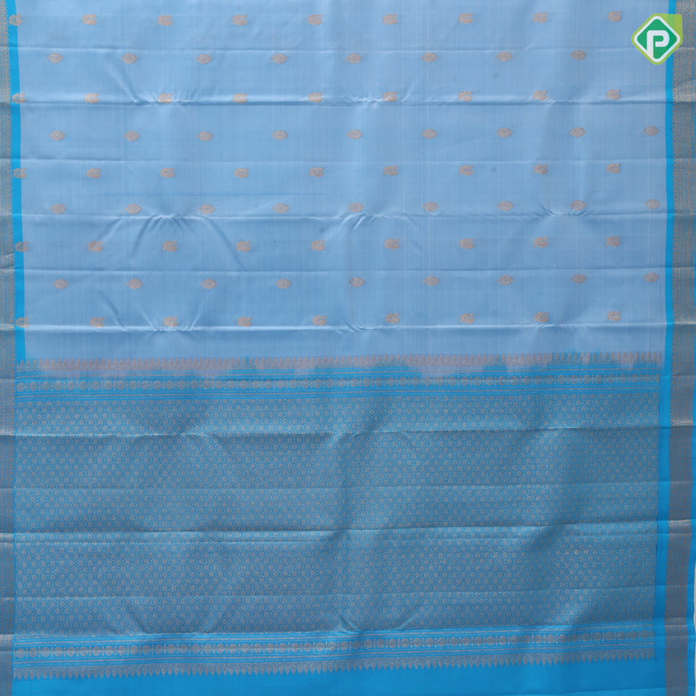 Ocean Blue Gold Zari Thilagam Peacock Butta Design Rama Blue Flower Border Design Pure Mix Silk Saree