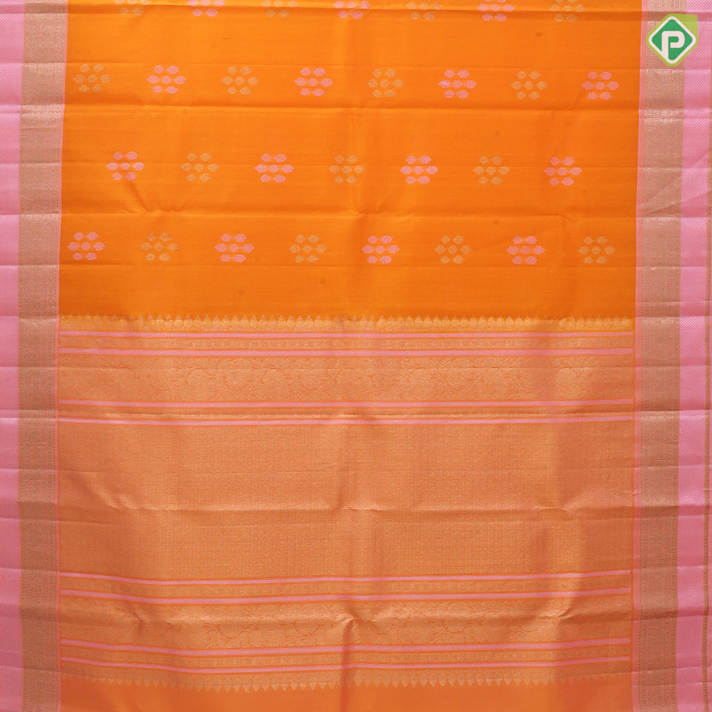 Fanta orange silver gold zari grouped butta design pale pink gold zari peacock and kamadhenu border organza silk saree