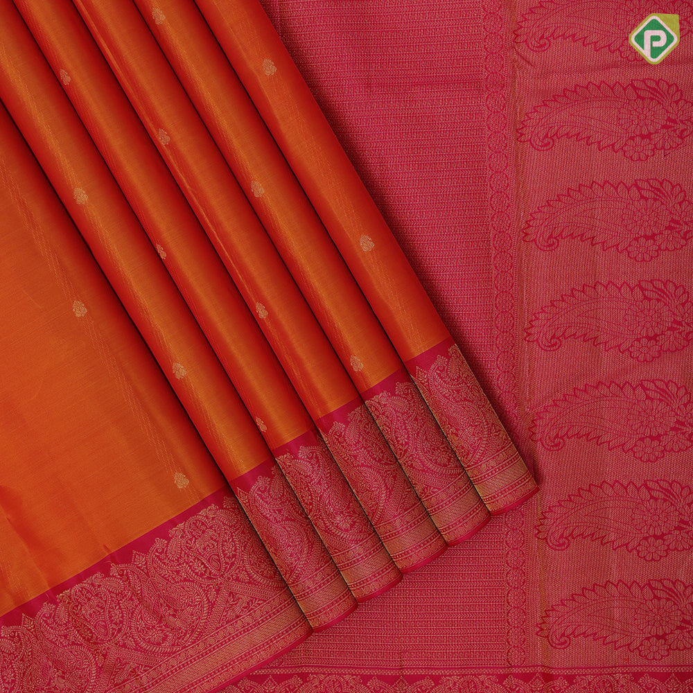 Orangish pink gold zari small kalasham butta design Rose pink silver gold zari banaras style border gift silk saree