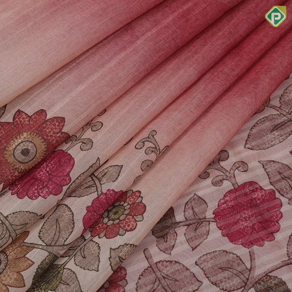 Peach Red Based Flower Floral Design Contrast Border Fancy Cotton Saree