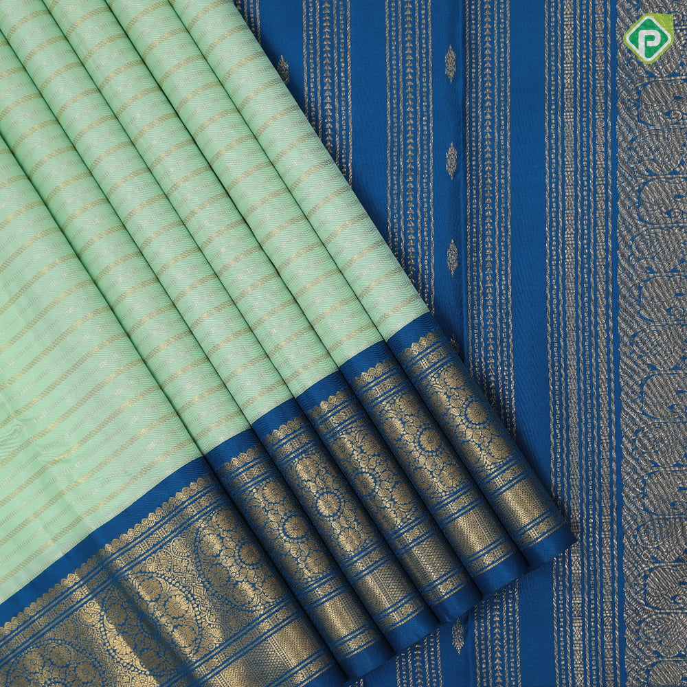 Pista green gold zari velthari lines design cobalt blue gold zari trendy floral rangoli design border fusion silk saree