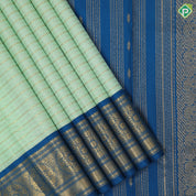 Pista green gold zari velthari lines design cobalt blue gold zari trendy floral rangoli design border fusion silk saree