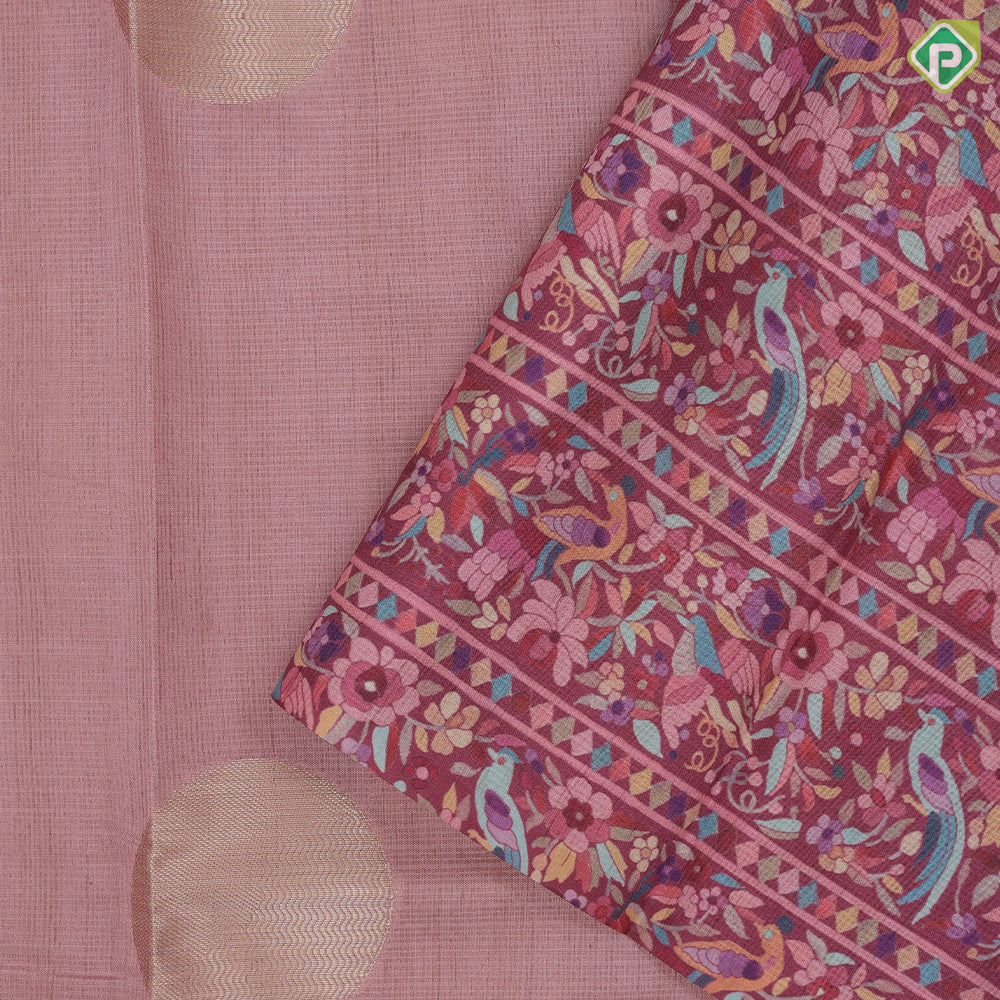 Peach Based Colour Coin Design Contrast Peacock Flower Border Fancy Cotton Saree