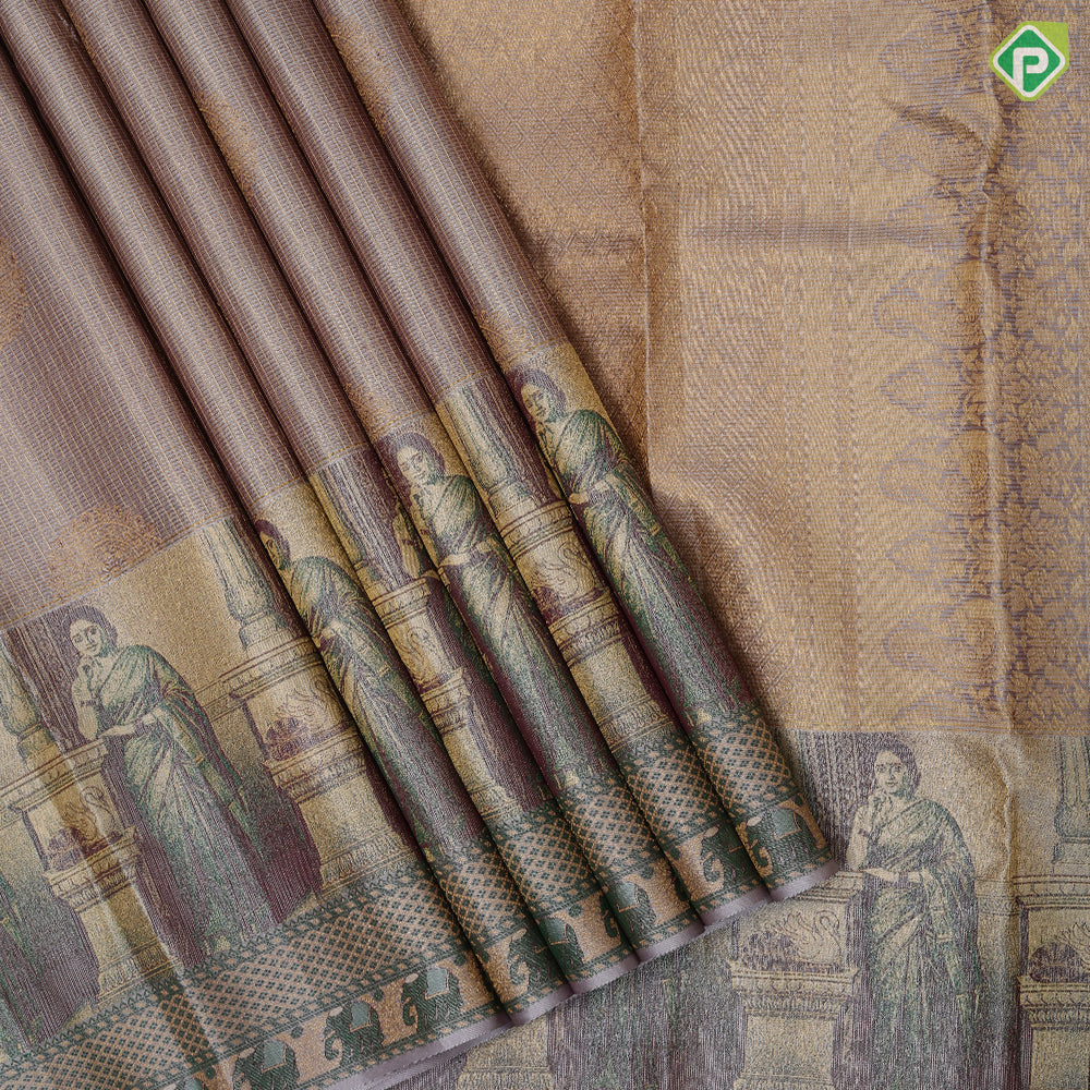 Mint green gold zari kattam checked round butta self thamayanthi stading posture art effect painting signature silk saree