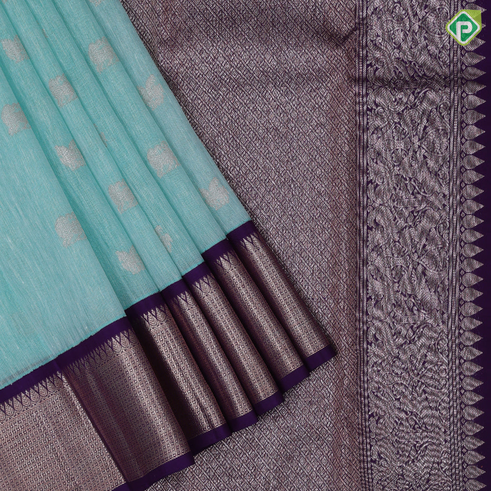 Sea green copper and silver zari gaja yaali kamadhenu butta royal blue spinning design border linen kora silk saree